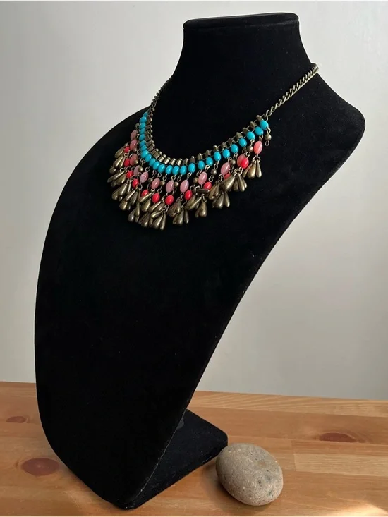 Antique-style brass beaded statement necklace with boho-style dangling charms - Picture 4 of 8
